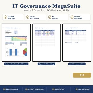 Puede incluir: IT Governance MegaSuite con mapa de calor de riesgos 5x5, compatibilidad con Excel y sin macros. Incluye tres vistas de panel: Enterprise Risk Dashboard, Cyber Incident Log y AI Adoption & ROI Tracker, en un dise&ntilde;o limpio y profesional.