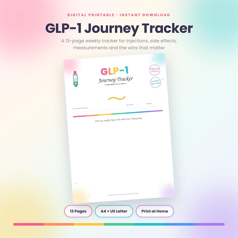 Weekly GLP-1 check-in printable page with seven colour coded day rows for appetite, energy and water intake, an open column for how you felt, and boxes for wins and harder moments this week.Weekly GLP-1 injection log printable page with twenty rows for week number, date, amount, injection site, time and notes, plus a tick list for rotating between abdomen, thigh and arm sites.Grid preview of all thirteen printable GLP-1 tracker pages, including the weekly injection log, dose change tracker, side