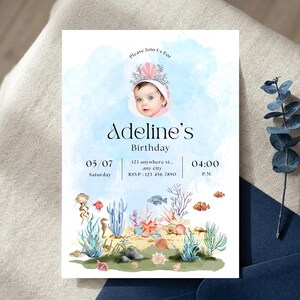 nder the sea birthday invite with photo, watercolor ocean themed birthday invite, editable canva photo invitation template, girl under the sea party card, mermaid birthday invitation with picture, printable 5x7 ocean theme invite, kids splash party mobile text evite, watercolor sea creatures card template, first birthday under the sea photo, jellyfish and coral birthday invite, custom picture birthday invitation girl, instant download ocean template link, childrens pool party photo invitation