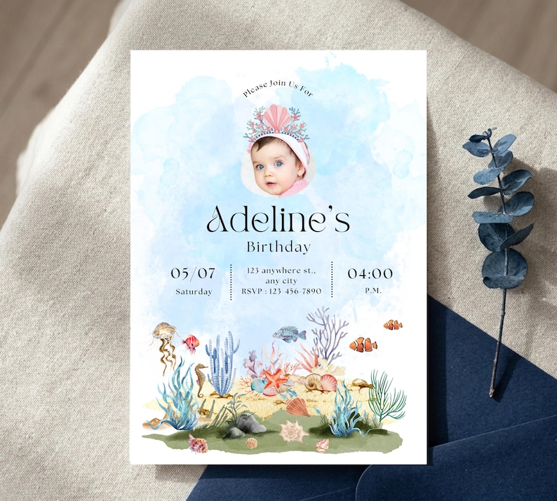 nder the sea birthday invite with photo, watercolor ocean themed birthday invite, editable canva photo invitation template, girl under the sea party card, mermaid birthday invitation with picture, printable 5x7 ocean theme invite, kids splash party mobile text evite, watercolor sea creatures card template, first birthday under the sea photo, jellyfish and coral birthday invite, custom picture birthday invitation girl, instant download ocean template link, childrens pool party photo invitation