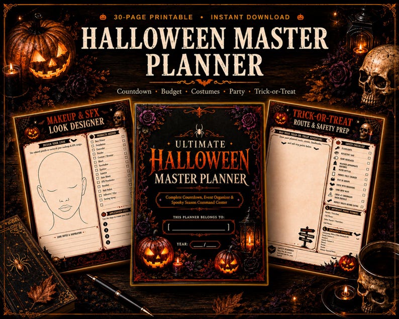 halloween planner, halloween printable, gothic halloween, halloween party, party planner, countdown checklist, spooky season, halloween organizer, printable planner, halloween budget, trick or treat, party planning kit, halloween checklist