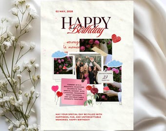 May include: A birthday greeting card featuring the text Happy Birthday, 02 May, 2028, and a collage of photos showing people and flowers. The card includes a pink note with text, red heart illustrations, blue cloud graphics, and a final message wishing for happiness, fun, and unforgettable memories.