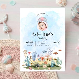 nder the sea birthday invite with photo, watercolor ocean themed birthday invite, editable canva photo invitation template, girl under the sea party card, mermaid birthday invitation with picture, printable 5x7 ocean theme invite, kids splash party mobile text evite, watercolor sea creatures card template, first birthday under the sea photo, jellyfish and coral birthday invite, custom picture birthday invitation girl, instant download ocean template link, childrens pool party photo invitation