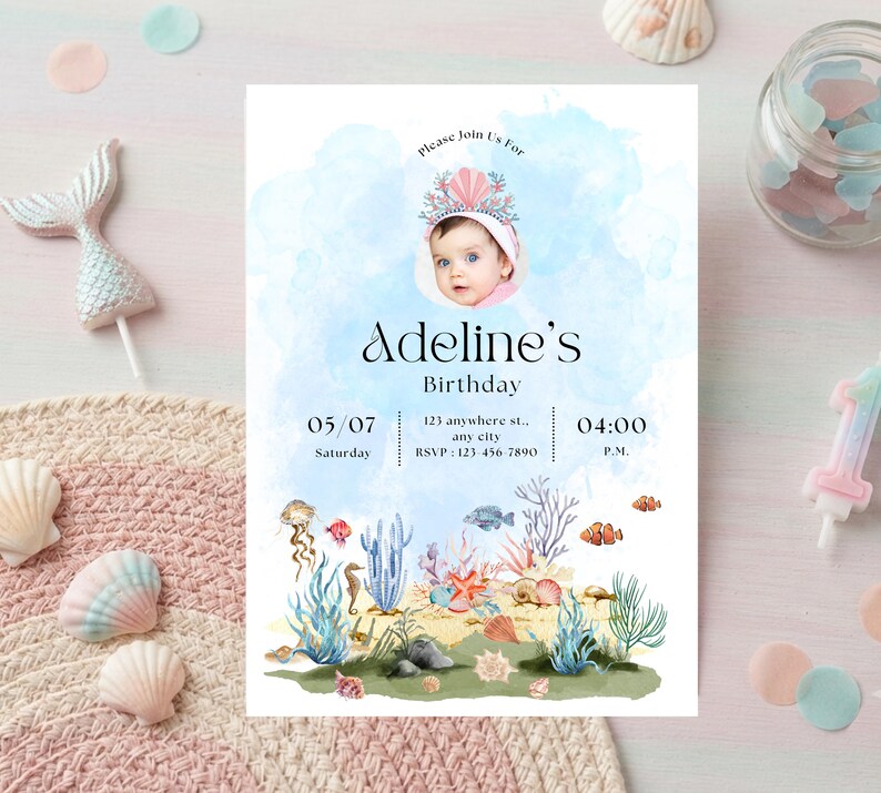 nder the sea birthday invite with photo, watercolor ocean themed birthday invite, editable canva photo invitation template, girl under the sea party card, mermaid birthday invitation with picture, printable 5x7 ocean theme invite, kids splash party mobile text evite, watercolor sea creatures card template, first birthday under the sea photo, jellyfish and coral birthday invite, custom picture birthday invitation girl, instant download ocean template link, childrens pool party photo invitation