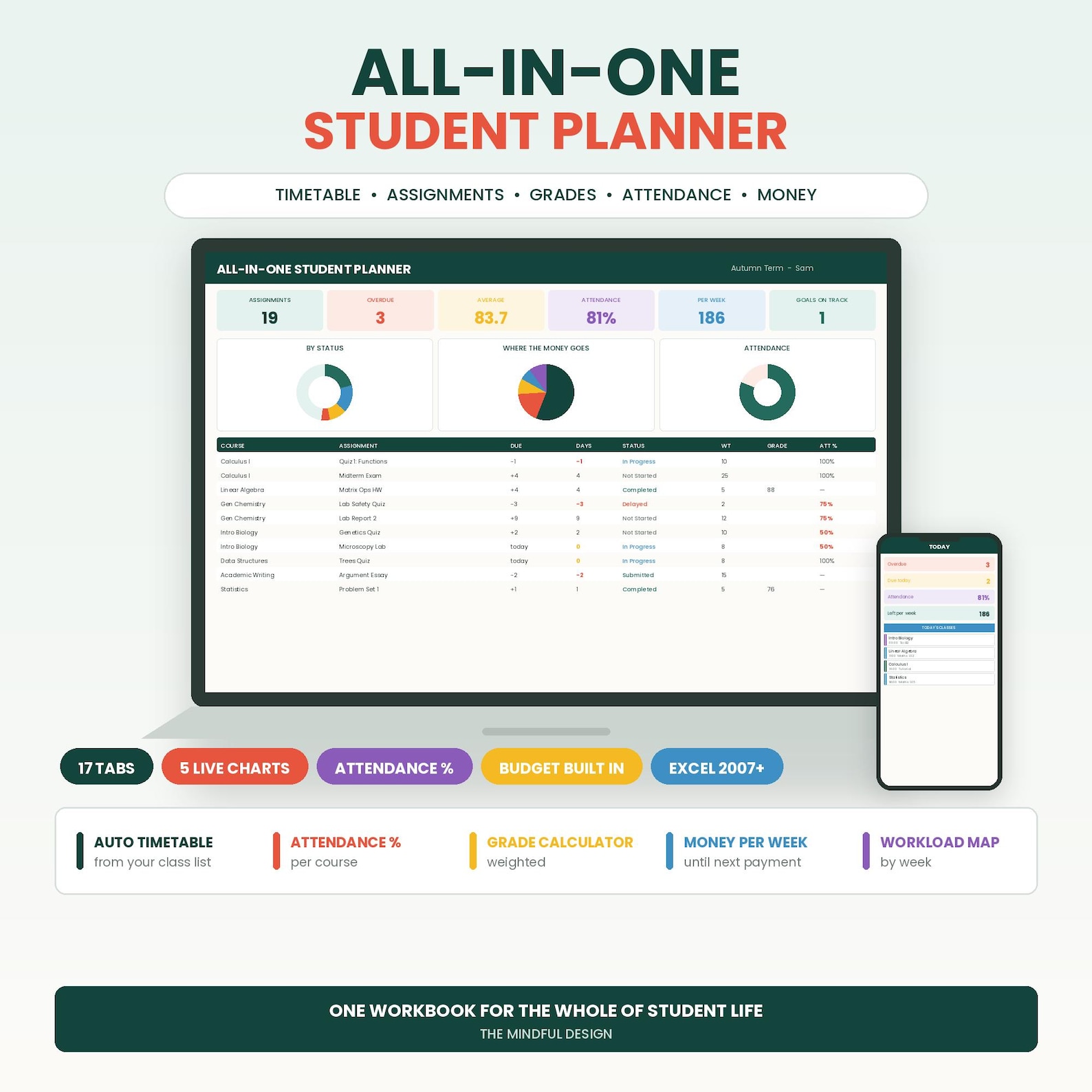 All-In-One Student Planner, Google Sheets & Excel