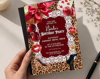 May include: A rectangular birthday party invitation card featuring a leopard print background, a central dark red panel with white lace trim, and text reading You Are Invited To Natalie's Birthday Party Saturday August 26th, 202X.