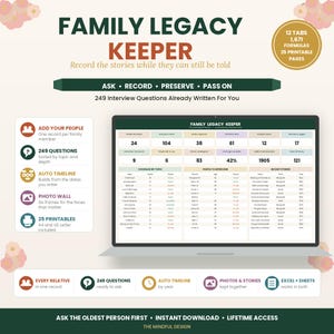 May include: A digital Family Legacy Keeper organizer displayed on a laptop screen, featuring 12 tabs, 1,671 formulas, and 25 printable pages. It includes 249 interview questions, an auto-timeline, a photo wall, and tracking for family stories.