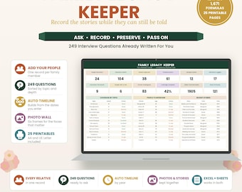 May include: A digital Family Legacy Keeper organizer displayed on a laptop screen, featuring 12 tabs, 1,671 formulas, and 25 printable pages. It includes 249 interview questions, an auto-timeline, a photo wall, and tracking for family stories.