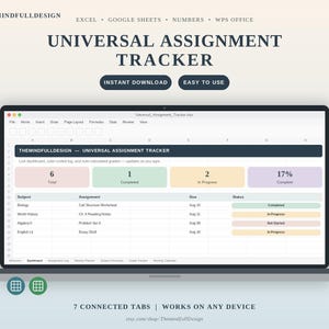 May include: A digital universal assignment tracker spreadsheet displayed on a laptop screen. The interface features a dashboard with color-coded status bars, assignment lists, and progress metrics for subjects like Biology and World History.