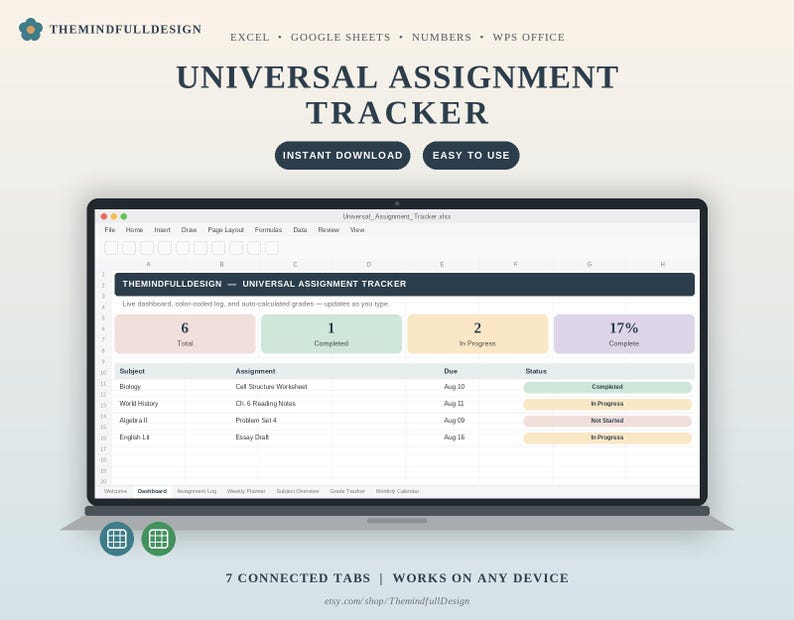 May include: A digital universal assignment tracker spreadsheet displayed on a laptop screen. The interface features a dashboard with color-coded status bars, assignment lists, and progress metrics for subjects like Biology and World History.