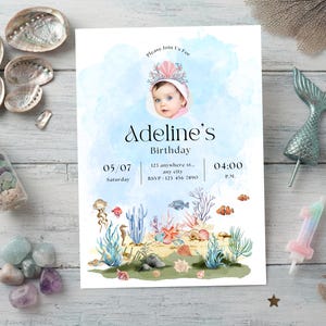 Under the Sea Birthday Invitation with Photo, Watercolor Mermaid Ocean Party Invite Girl, Kids Splash Birthday Canva Template, Printable