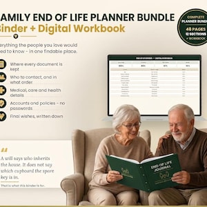 Puede incluir: Un paquete de planificador familiar para el final de la vida con carpeta y libro de trabajo digital. El texto incluye 48 páginas, 12 secciones y detalles sobre documentos, contactos, salud, cuentas y deseos. Un diario verde es sostenido.