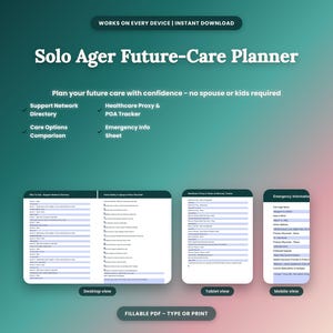 Zorgplanner voor alleenstaanden | Invulbare PDF-map voor ouder worden zonder kinderen, ondersteuningsnetwerk en nalatenschapsplanner