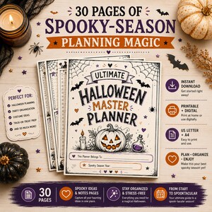 May include: A 30-page Halloween master planner with a white cover featuring a jack-o'-lantern, a candle, a potion bottle, spiderwebs, and bats. The text reads 30 PAGES OF SPOOKY-SEASON PLANNING MAGIC and ULTIMATE HALLOWEEN MASTER PLANNER.