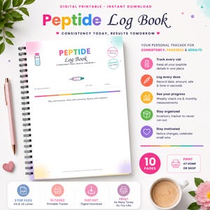 Könnte beinhalten: Ein spiralgebundenes Peptide Log Book als digitale Druckvorlage mit weißem Einband, buntem Text sowie Symbolen für ein Fläschchen und eine Spritze. Die Seite enthält Felder zur Erfassung von Dosen, Daten und Injektionsstellen sowie eine Liste mit Funktionen zur Nachverfolgung von Fläschchen, Fortschritten, Inventar und Motivation, insgesamt 10 Seiten.