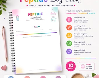 Op de afbeelding: Een spiraalgebonden Peptide Log Book digitale printbare met een witte omslag voorzien van kleurrijke tekst, een flacon-icoon en een spuit-icoon. De pagina bevat velden voor het bijhouden van doses, datums en locaties, naast een lijst met functies voor het volgen van flacons, voortgang, inventaris en motivatie, met in totaal 10 pagina's.