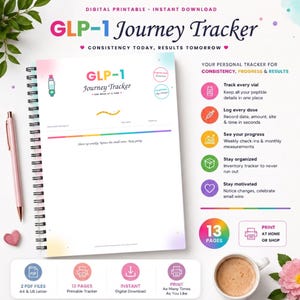 May include: A spiral-bound GLP-1 Journey Tracker digital printable with a white cover featuring colorful text and icons. The page includes sections for tracking doses, progress, and inventory. It is accompanied by a pink pen and a coffee mug.