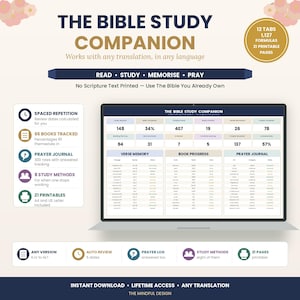 May include: A digital Bible study companion displayed on a laptop screen, featuring tracking dashboards for verse memory, book progress, and prayer journals. The interface includes 12 tabs, 1,127 formulas, and 21 printable pages for study organisation.