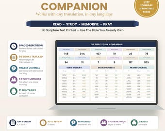 May include: A digital Bible study companion displayed on a laptop screen, featuring tracking dashboards for verse memory, book progress, and prayer journals. The interface includes 12 tabs, 1,127 formulas, and 21 printable pages for study organization.
