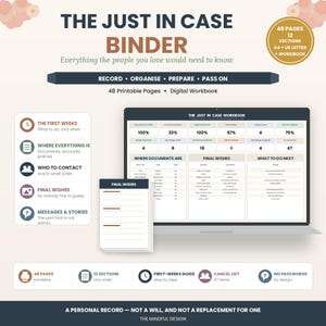 May include: The Just In Case Binder digital workbook features 48 printable pages across 12 sections in A4 and US Letter sizes. The display shows a laptop screen with a dashboard for tracking documents, final wishes, and tasks, plus a separate page.