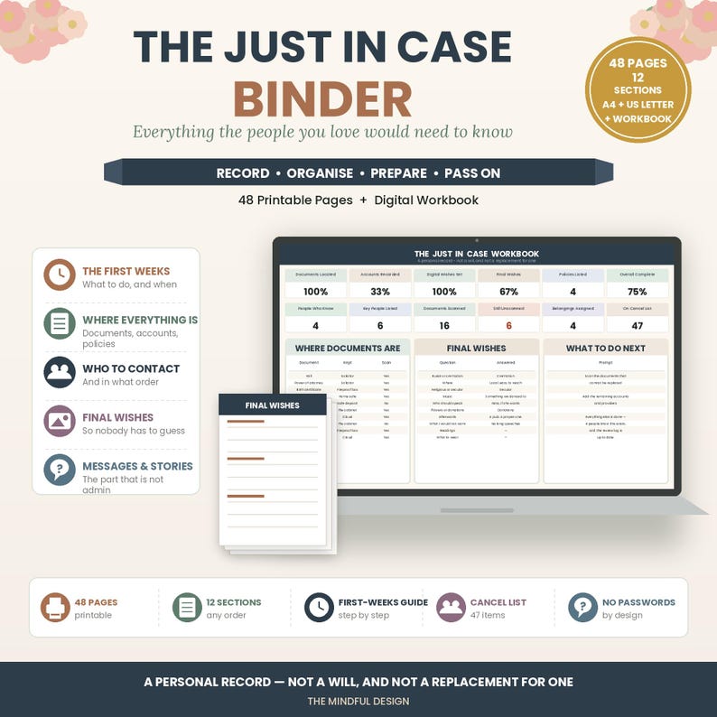 May include: The Just In Case Binder digital workbook features 48 printable pages across 12 sections in A4 and US Letter sizes. The display shows a laptop screen with a dashboard for tracking documents, final wishes, and tasks, plus a separate page.
