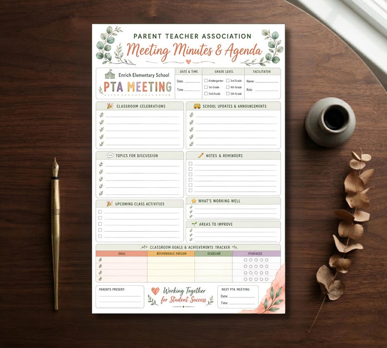 printable pta meeting minutes and agenda template, school parent teacher association meeting planner, editable classroom goals and achievements tracker, organized meeting agenda for school pta, pta board meeting minutes printable template, school volunteer committee meeting organizer, 5x7.5 pta meeting minutes and agenda sheet, parent teacher association meeting notes organizer, easy to use meeting agenda for school pta, professional school meeting form,  digital download pta planner 5x7.5