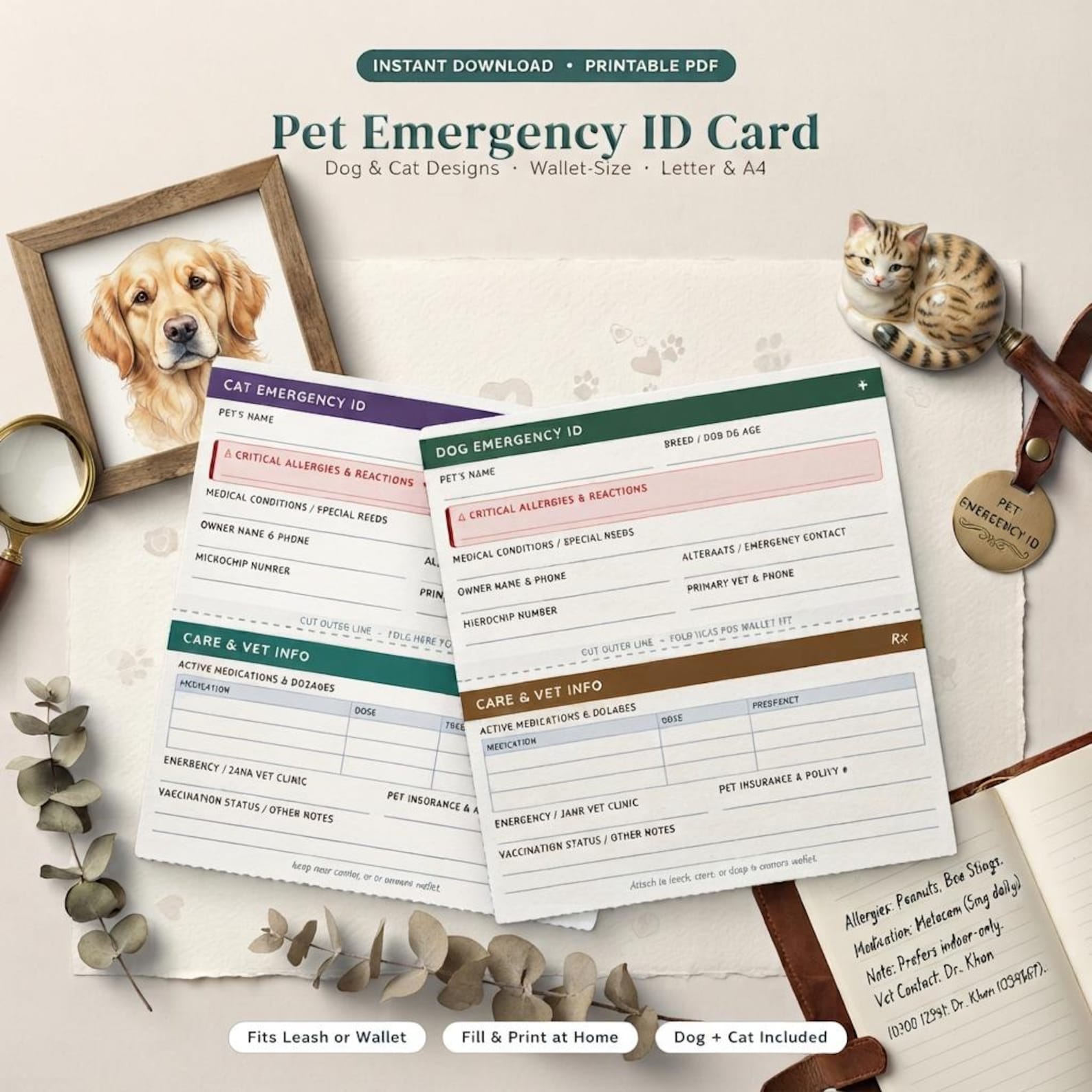 Printable Pet Emergency ID Card, Dog & Cat Medical