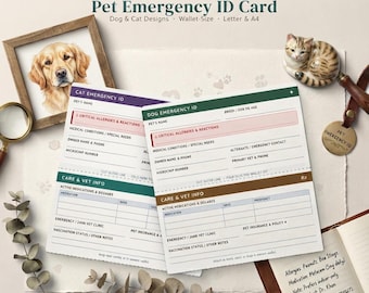 May include: Two printable pet emergency ID cards, one purple and one green, featuring fields for pet name, breed, age, critical allergies, medical conditions, owner contact, microchip number, vet info, and medication dosages for dogs and cats.