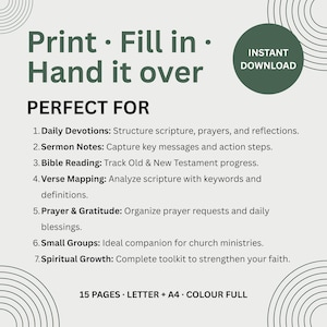Pode incluir: Um documento digital com o texto Print Fill in Hand it over e INSTANT DOWNLOAD num c&iacute;rculo verde. Lista sete utiliza&ccedil;&otilde;es, incluindo Daily Devotions, Sermon Notes, Bible Reading, Verse Mapping, Prayer, Small Groups e Spiritual Growth.