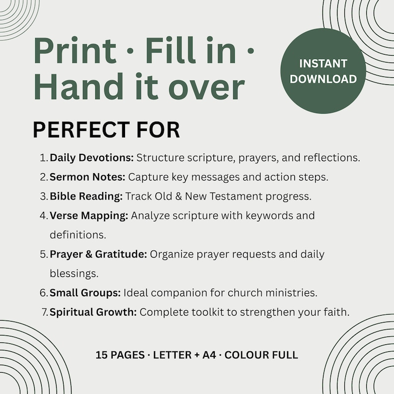 Pode incluir: Um documento digital com o texto Print Fill in Hand it over e INSTANT DOWNLOAD num c&iacute;rculo verde. Lista sete utiliza&ccedil;&otilde;es, incluindo Daily Devotions, Sermon Notes, Bible Reading, Verse Mapping, Prayer, Small Groups e Spiritual Growth.