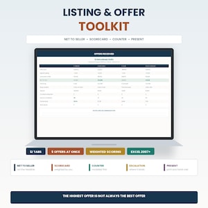 May include: A digital listing and offer toolkit displayed on a laptop screen, featuring a spreadsheet titled Offers Received for 12 Alma Road, Hollis. The interface includes tabs for weighted scoring, five offers at once, and Excel 2007 compatibility.
