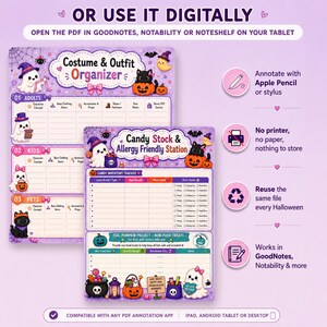 May include: A digital Halloween planner set featuring a Costume & Outfit Organizer and a Candy Stock & Allergy Friendly Station. The purple-themed pages include cute ghost and cat illustrations, inventory tables, and text for tablet annotation.