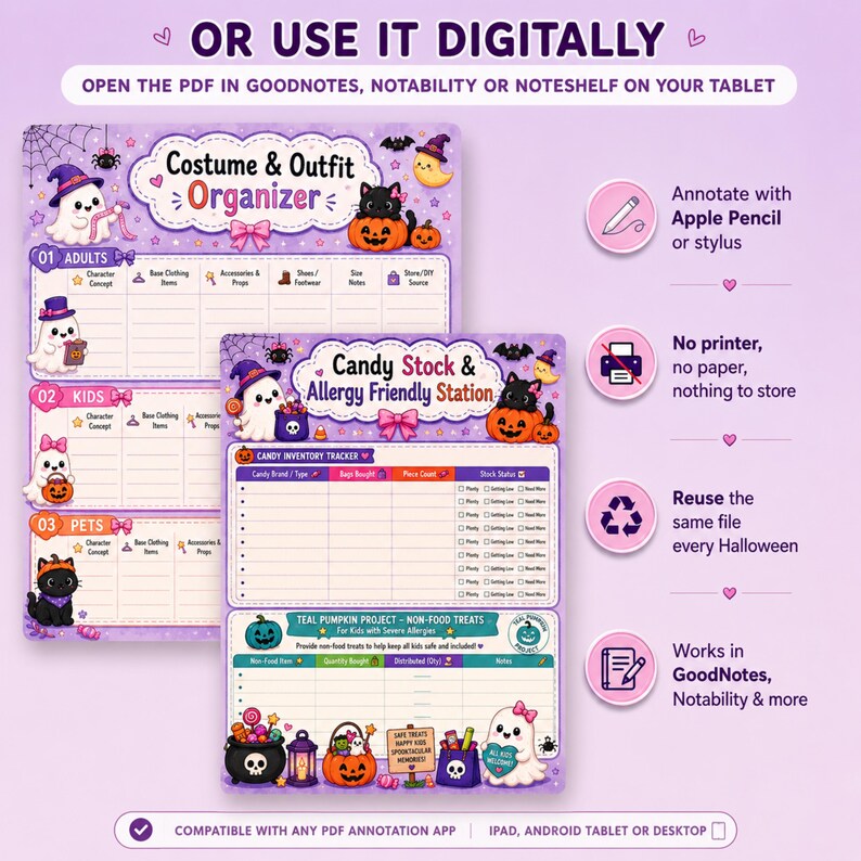 May include: A digital Halloween planner set featuring a Costume & Outfit Organizer and a Candy Stock & Allergy Friendly Station. The purple-themed pages include cute ghost and cat illustrations, inventory tables, and text for tablet annotation.