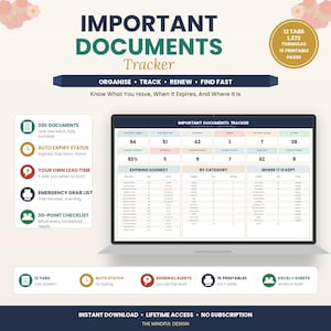Op de afbeelding: Een digitale tracker voor belangrijke documenten op een laptopscherm, met 12 tabbladen, 1.373 formules en 15 printbare pagina's. De interface bevat secties voor verlopende documenten, categorieën en opslaglocaties met automatische status.