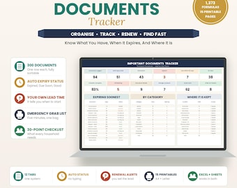 May include: A digital Important Documents Tracker displayed on a laptop screen, featuring 12 tabs, 1,373 formulas, and 15 printable pages. The interface includes sections for expiring documents, categories, and storage locations with auto-expiry status.