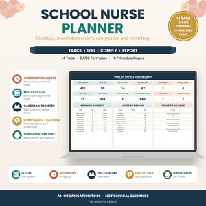 Puede incluir: Un planificador digital para enfermería escolar en una pantalla de portátil, con un panel de control de salud y tablas de datos. Incluye encabezados, iconos para seguimiento, registro, cumplimiento, 14 pestañas y 6.550 fórmulas.