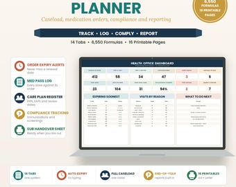 May include: A digital school nurse planner displayed on a laptop screen, featuring a health office dashboard with data tables. The layout includes text headers, icons for tracking, logging, compliance, and reporting, plus 14 tabs and 6,550 formulas.