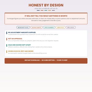 May include: A digital workbook titled HONEST BY DESIGN featuring text explaining it is not an appraisal and does not provide market data. It lists compatibility with Microsoft Excel, Google Sheets, Apple Numbers, LibreOffice, and WPS Office.