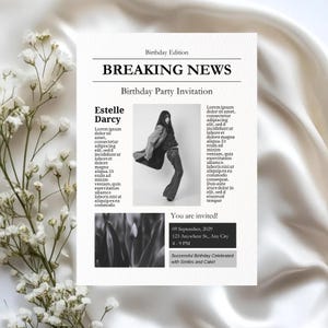 May include: A rectangular birthday party invitation designed like a newspaper with the headline BREAKING NEWS. It features the name Estelle Darcy, placeholder text, a black and white photo of a person, and event details for September 9, 2029.