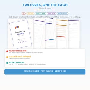 May include: A digital homeschool planner template featuring multiple page layouts including a cover page with the text HOMESCHOOL PLANNER, lined pages, and grid tables. The design includes colourful icons and text indicating A4 and US Letter sizes.