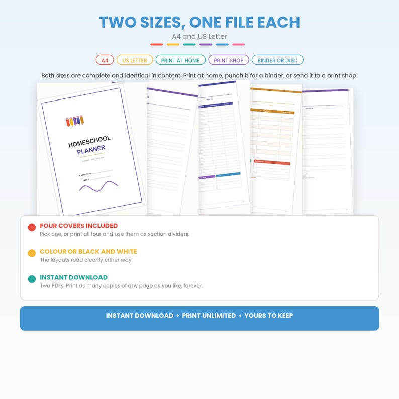May include: A digital homeschool planner template featuring multiple page layouts including a cover page with the text HOMESCHOOL PLANNER, lined pages, and grid tables. The design includes colourful icons and text indicating A4 and US Letter sizes.