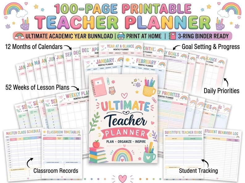 teacher planner 2026, weekly lesson plans, school planner, homeschool planner, teacher binder, academic planner, teacher planner pdf, happy planner, teaching planner, printable planner, teacher agenda, teacher to do list, 2026 weekly planner
Printable Teacher Planner 2024-2025, Weekly Lesson Plans, Homeschool Planner, Teacher Agenda, Teacher Tracker, Teacher Binder, Printable PDF