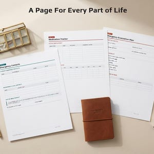 Op de afbeelding: Drie witte, bedrukte plannerpagina's met de titels Emergency Contacts, Medication Tracker en Emergency Evacuation Plan. Een pillendoosje van glas met een gouden rand, een gouden pen, een bruin notitieboek en een zilveren fluitje liggen ernaast.