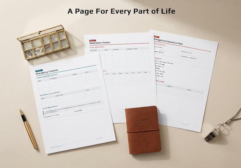 Op de afbeelding: Drie witte, bedrukte plannerpagina's met de titels Emergency Contacts, Medication Tracker en Emergency Evacuation Plan. Een pillendoosje van glas met een gouden rand, een gouden pen, een bruin notitieboek en een zilveren fluitje liggen ernaast.