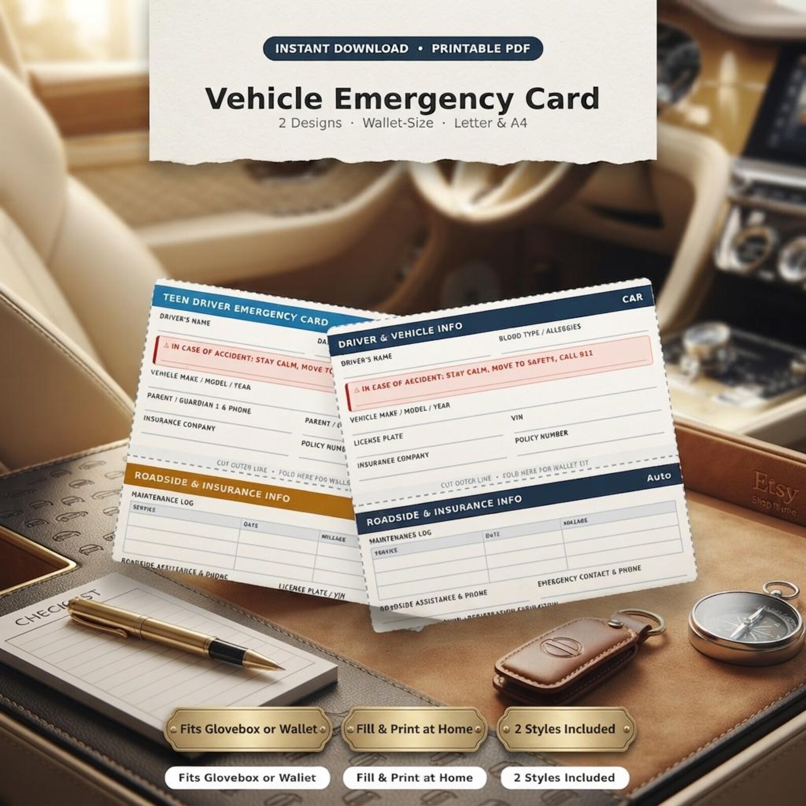 Printable Vehicle Emergency Card, Glovebox Info Card