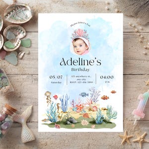 nder the sea birthday invite with photo, watercolor ocean themed birthday invite, editable canva photo invitation template, girl under the sea party card, mermaid birthday invitation with picture, printable 5x7 ocean theme invite, kids splash party mobile text evite, watercolor sea creatures card template, first birthday under the sea photo, jellyfish and coral birthday invite, custom picture birthday invitation girl, instant download ocean template link, childrens pool party photo invitation