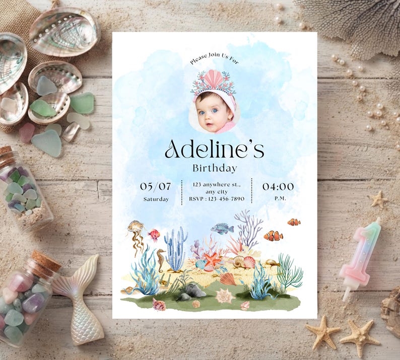 nder the sea birthday invite with photo, watercolor ocean themed birthday invite, editable canva photo invitation template, girl under the sea party card, mermaid birthday invitation with picture, printable 5x7 ocean theme invite, kids splash party mobile text evite, watercolor sea creatures card template, first birthday under the sea photo, jellyfish and coral birthday invite, custom picture birthday invitation girl, instant download ocean template link, childrens pool party photo invitation