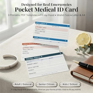 Könnte beinhalten: Drei rechteckige medizinische Notfallausweise im Taschenformat mit ausfüllbaren Feldern für persönliche Daten, Notfallkontakte, medizinische Bedingungen und Allergien. Die Karten sind mit Child Medical ID, Senior Medical ID und Personal Medical ID sowie blauen und roten Akzenten beschriftet.