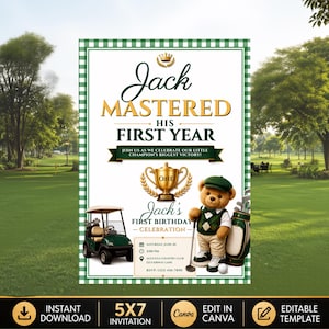 Könnte beinhalten: Eine Einladung zum ersten Geburtstag im Golf-Design mit grünem Vichy-Karo-Rand, goldenem Pokal-Symbol, einem Teddybären in Golfkleidung und einem Golfcart. Der Text lautet Jack MASTERED HIS FIRST YEAR, Jack's FIRST BIRTHDAY CELEBRATION.