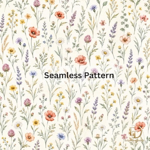 Wildflower Seamless Pattern, Watercolor Floral Digital Paper, Meadow Flower Fabric, Cottagecore Scrapbook Paper